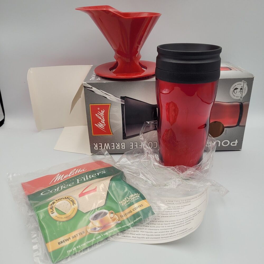Melitta Pour-Over RED Cone Coffee Brewer RED Travel Mug 1 Cup New Open Box